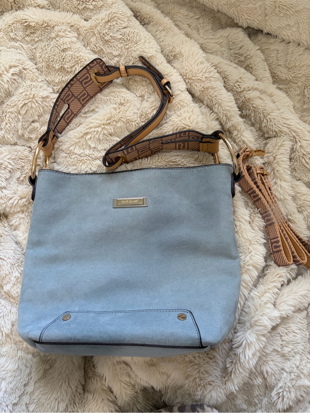 River island Light Blue Suede Shoulder Bag with Patterned Logo Strap